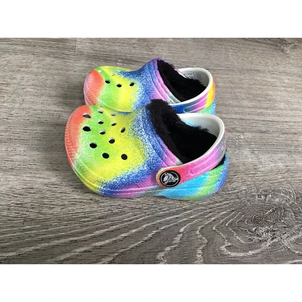 Crocs Baby Girls Size 4 C4 Rainbow Clogs Black Lined Shoes Slip On 208095